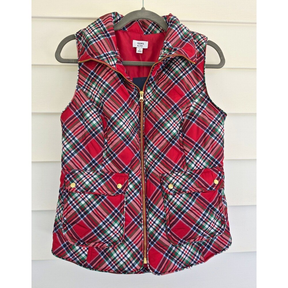 Crown & Ivy Women's Plaid Quilted Puffer Vest Full Zip Sleeveless Size S